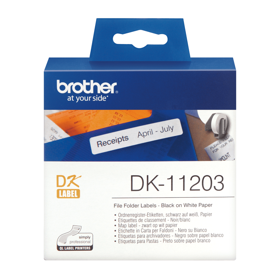 Original Brother DK11203 etikett for arkivmapper – sort på hvit, 17 mm x 87 mm